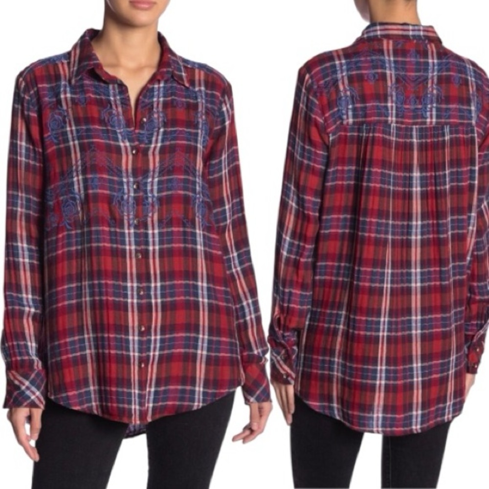 Free People Magical Plaid Button Down Shirt Red Oversized Tunic Top Size Medium